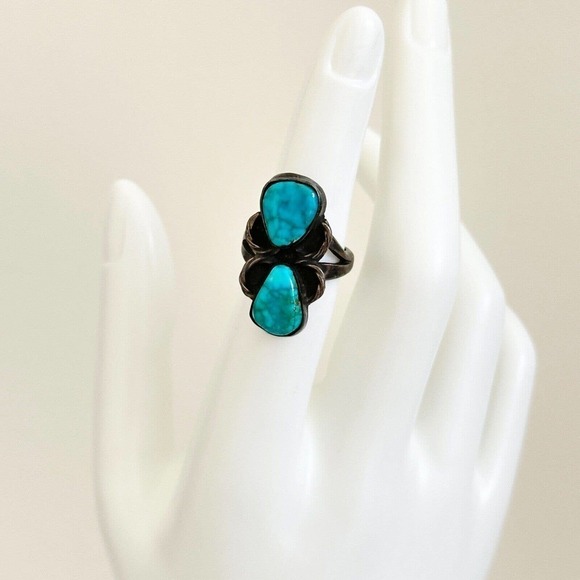 Vintage 925 Sterling Silver Turquoise Oxidized Darkened Band Ring Size 5.5 - Picture 5 of 8